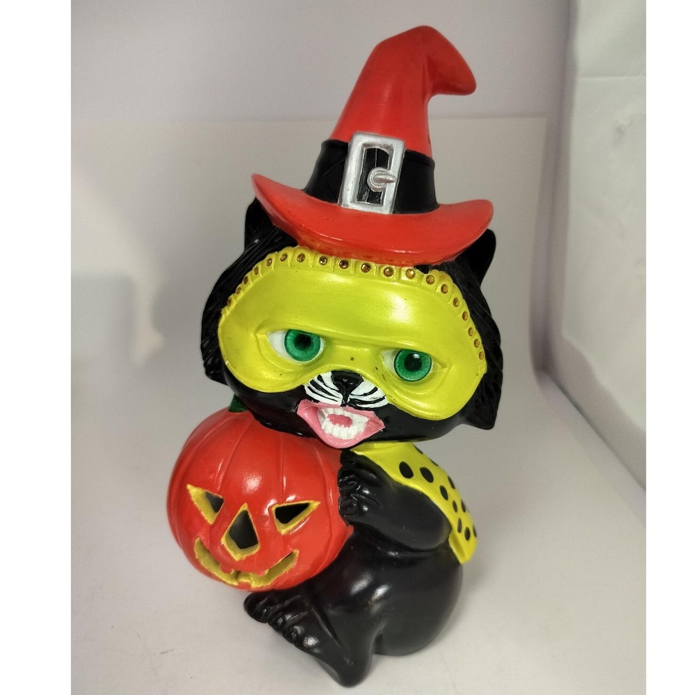 Vintage Ceramic Halloween Black Cat Figurine Trick r Treat Dolls Eyes Bedazzled